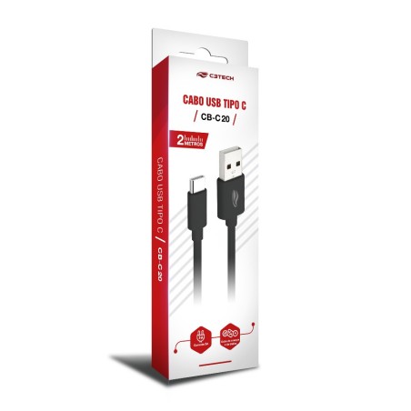 Cabo USB x 2.0 Tipo C Para Smartphone e Tablets (2,0m) Preto CB-C20BK C3Tech
